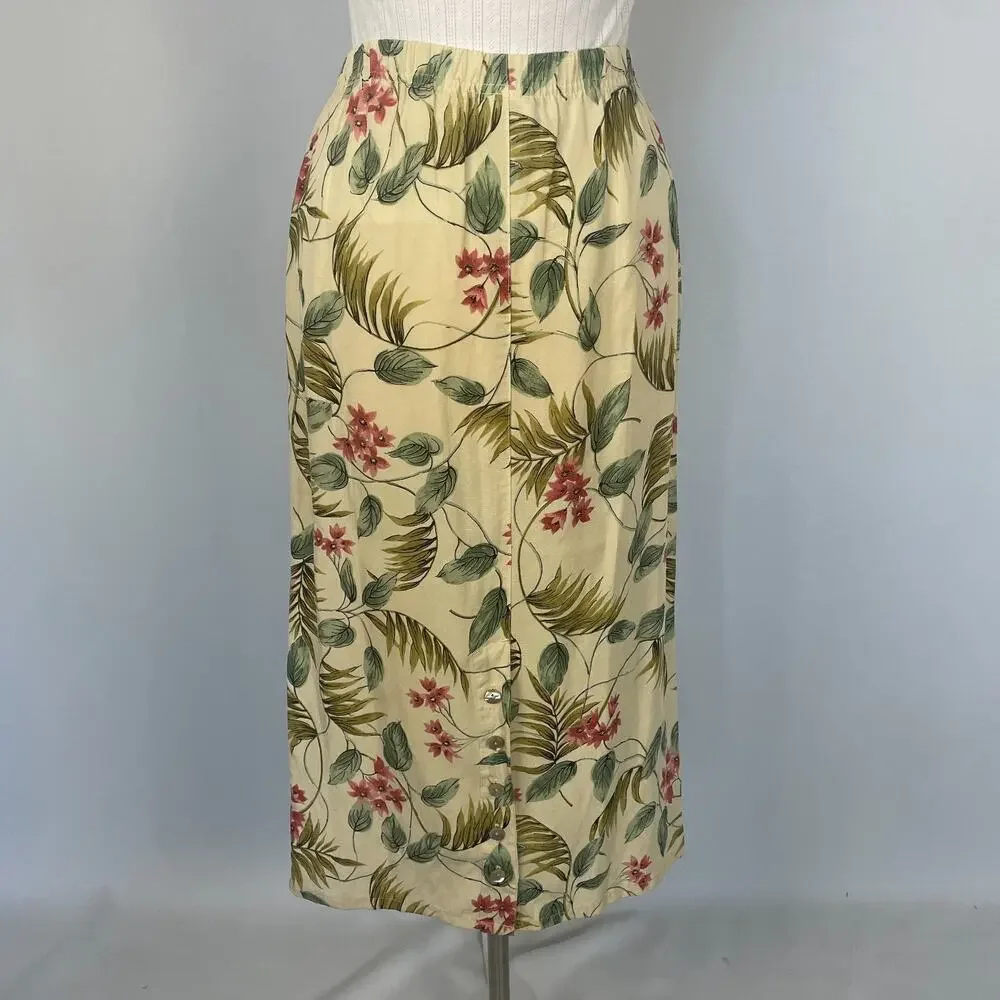 Vintage Midi Skirt Size Small Cream Yellow Floral Print Tropical Boho Linen 90s
